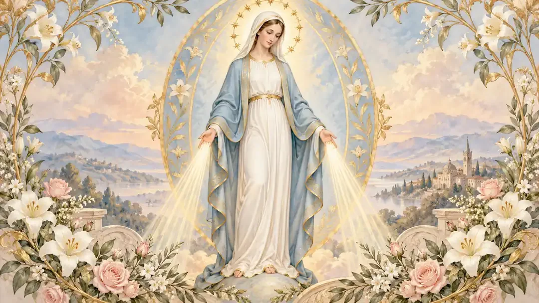 Original devotional illustration of the Virgin Mary in a pale blue mantle with open hands and an oval motif.