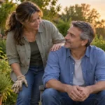 A wife rests a reassuring hand on her husband's shoulder while they sit in their garden.