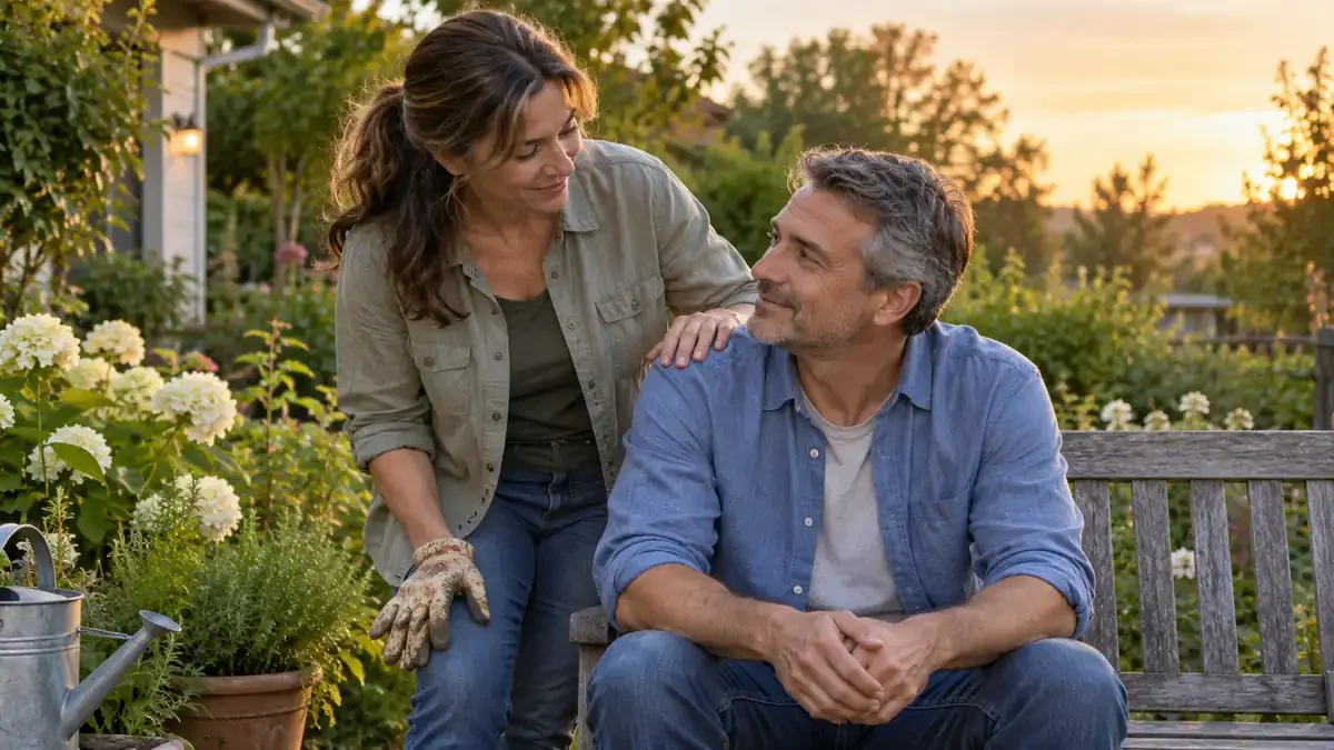 A wife rests a reassuring hand on her husband's shoulder while they sit in their garden.