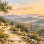 Illustrated stone path beneath an olive tree, with layered hills in warm morning light.