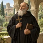 Devotional illustration of St. Benedict holding a cross and a book in a monastery cloister.
