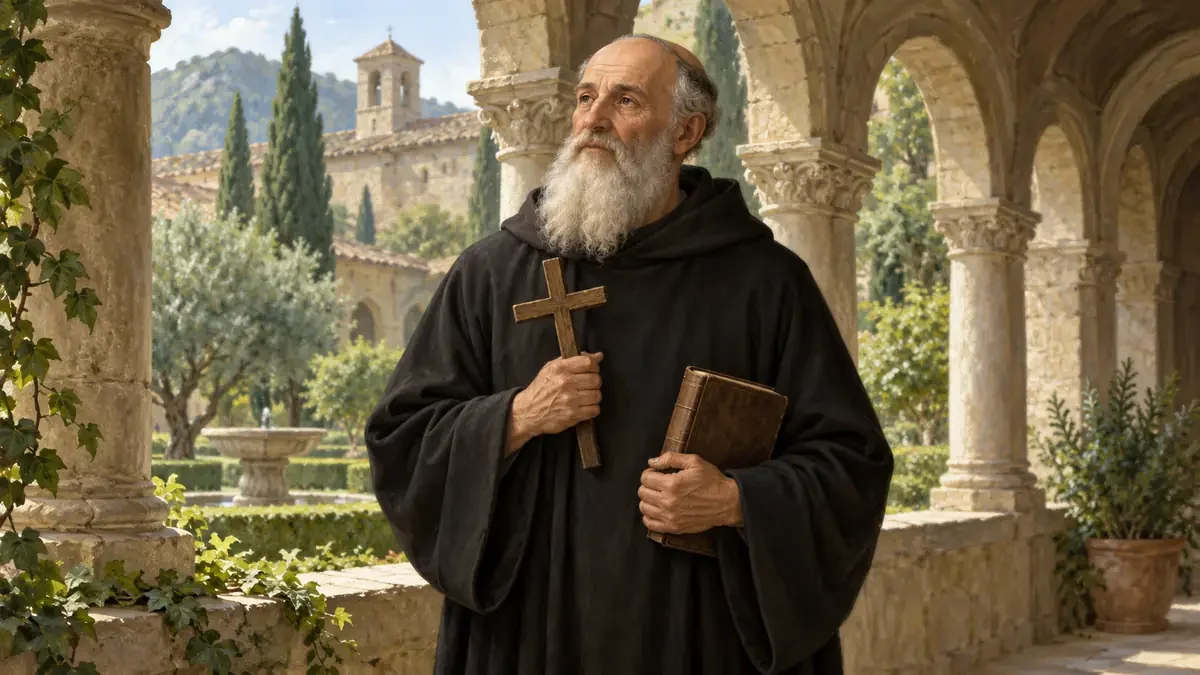 Devotional illustration of St. Benedict holding a cross and a book in a monastery cloister.