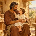 Devotional illustration of St. Joseph holding the young Jesus in a sunlit carpentry workshop.