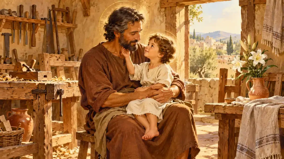 Devotional illustration of St. Joseph holding the young Jesus in a sunlit carpentry workshop.