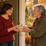 Two neighbors exchange a home-cooked meal at an open doorway in autumn.