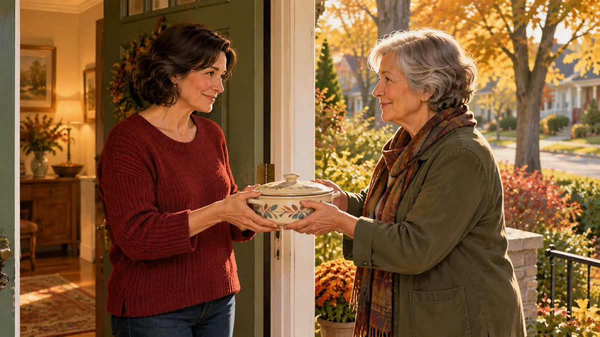 Two neighbors exchange a home-cooked meal at an open doorway in autumn.