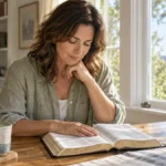 A woman pauses quietly before reading her Bible beside a sunlit window.