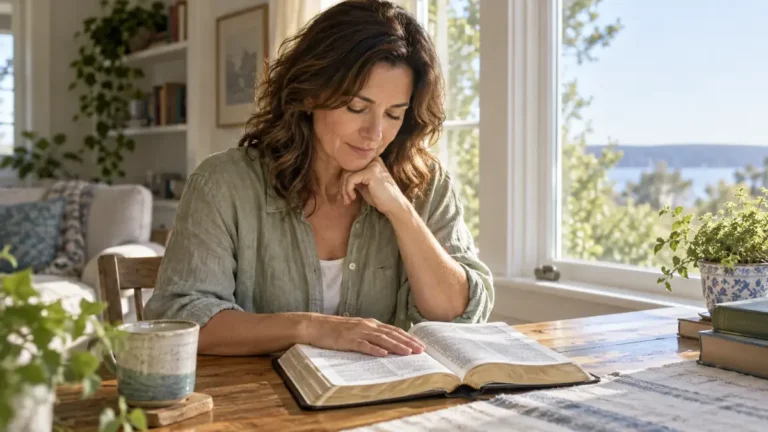 A woman pauses quietly before reading her Bible beside a sunlit window.