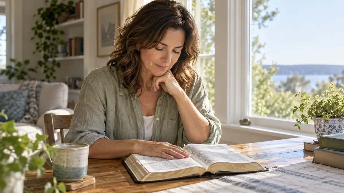 A woman pauses quietly before reading her Bible beside a sunlit window.