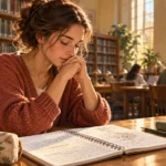 A student pauses in prayer at a library desk beside handwritten study notes.