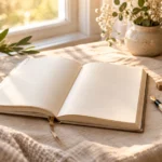 An open prayer journal with a fountain pen and wooden cross in soft morning light.