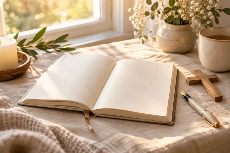 An open prayer journal with a fountain pen and wooden cross in soft morning light.